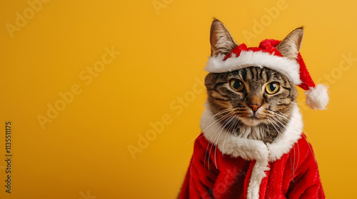  Adorable Cat Dressed as Santa Christmas Costume on Yellow Background with copyspace