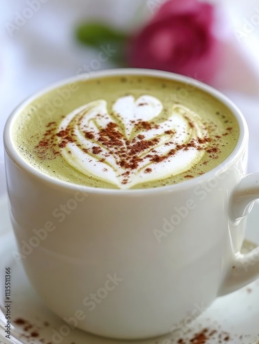 A creamy matcha latte with art and cocoa powder, served in a white cup.