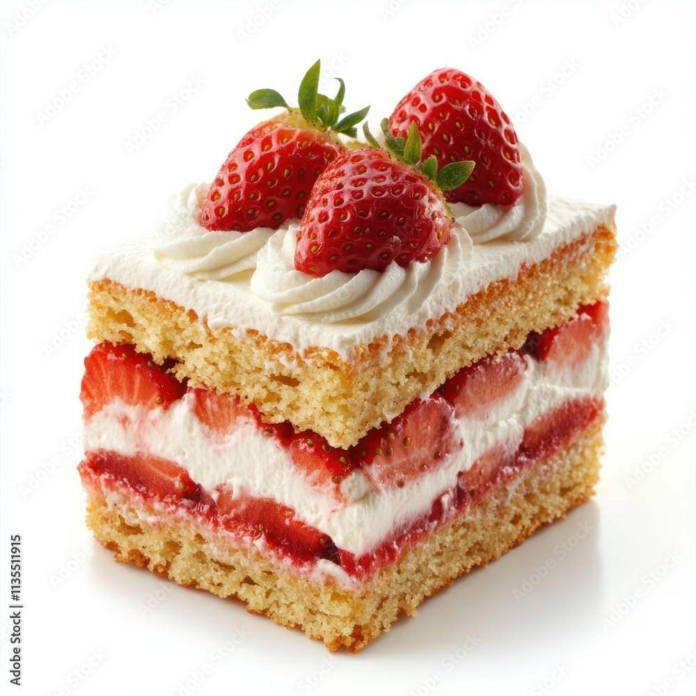 A slice of layered strawberry cake topped with fresh strawberries and whipped cream. A slice of layered strawberry cake topped with fresh strawberries and whipped cream.