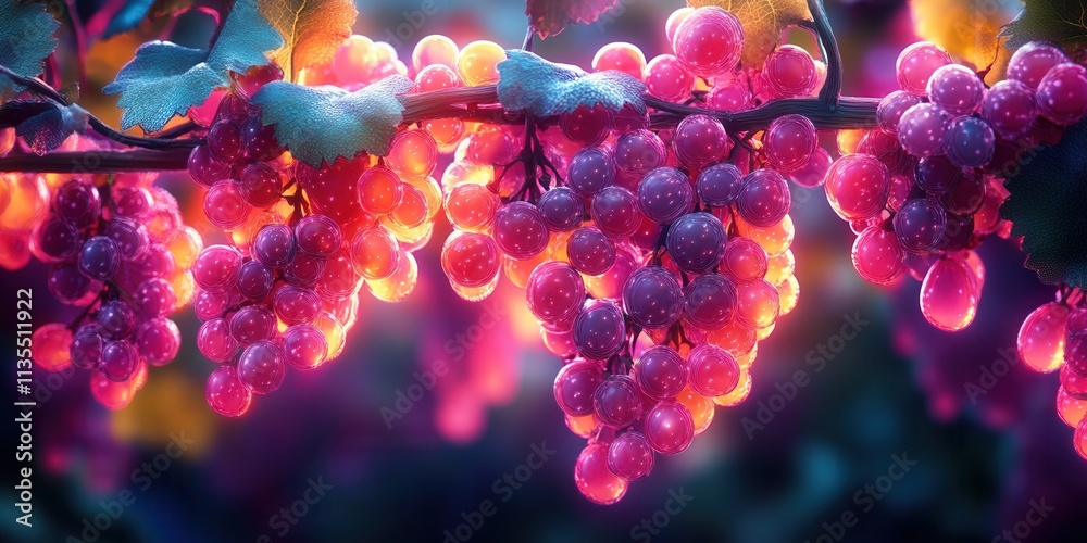 Fototapeta premium Glowing Neon Grapevine Icon, vibrant holographic design featuring radiant fruit clusters, captivating and modern aesthetic, ideal for digital art applications