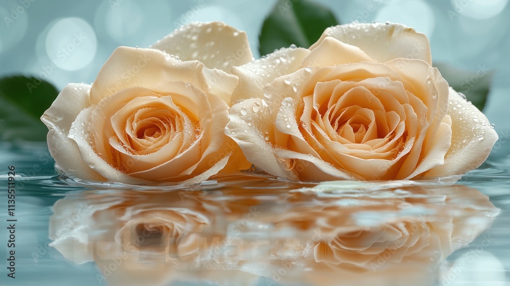 Two peach roses with water droplets, reflecting on a smooth surface. Two peach roses with water droplets, reflecting on a smooth surface.