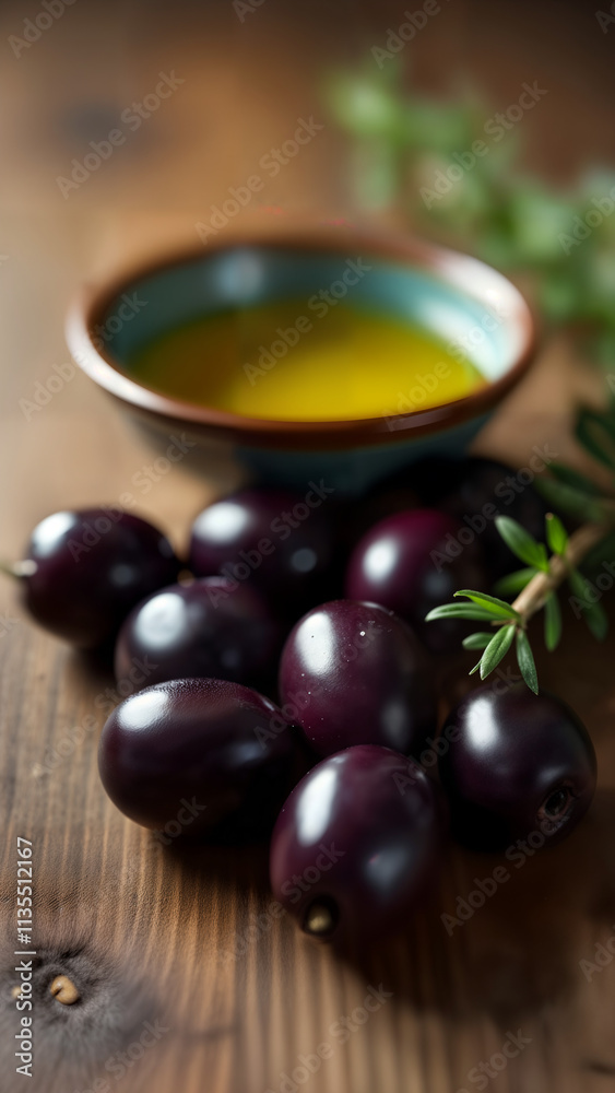 Kalamata Olives and Olive Oil on Rustic Table Kalamata Olives and Olive Oil on Rustic Table