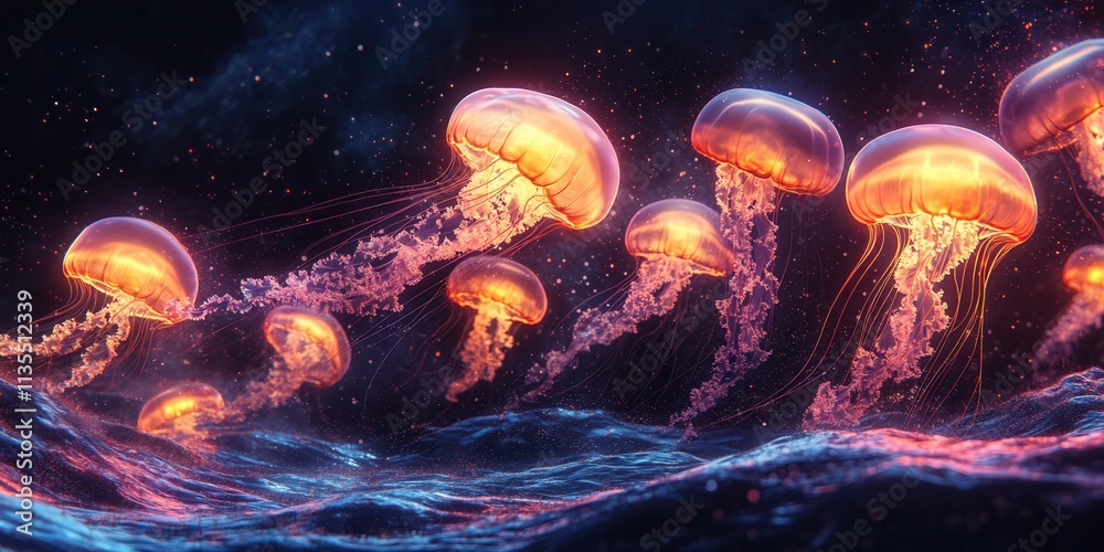 Neon Jellyfish Swarm in Ocean Currents, vibrant holographic display, mesmerizing aquatic movement, luminous colors, dynamic underwater scene Neon Jellyfish Swarm in Ocean Currents, vibrant holographic display, mesmerizing aquatic movement, luminous colors, dynamic underwater scene
