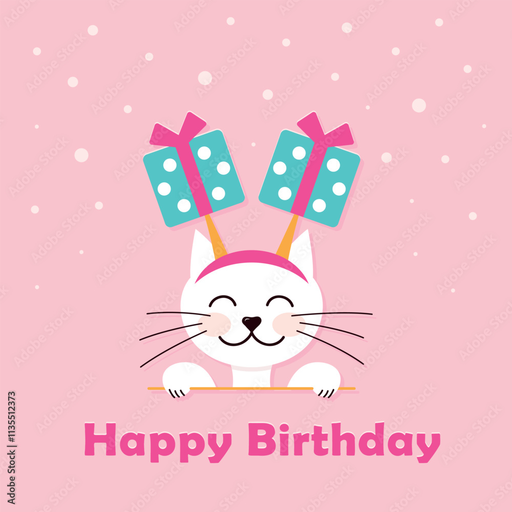 Happy Birthday greeting card with a cat, white kitty with gift box headband on, square vector illustration Happy Birthday greeting card with a cat, white kitty with gift box headband on, square vector illustration