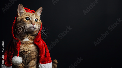 Festive Cat in Santa Costume Against Dark black Background