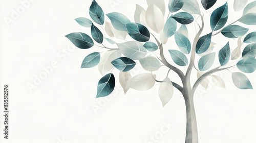 A minimalist and elegant depiction of a tree with silver and teal leaves, featuring a light grayish trunk, with a subtle and smooth blend of natural and artistic design. Each leaf is crafted with soft