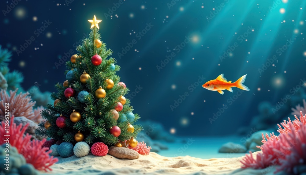Festive underwater Christmas tree scene. Decorated Christmas tree stands on sandy seabed. Coral reefs, golden fish surround tree. Starry blue backdrop creates magical winter wonderland atmosphere. Festive underwater Christmas tree scene. Decorated Christmas tree stands on sandy seabed. Coral reefs, golden fish surround tree. Starry blue backdrop creates magical winter wonderland atmosphere.