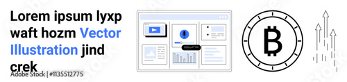 Computer screen with charts, Bitcoin symbol, and upward arrows. Ideal for cryptocurrency, finance tracking, blockchain technology, investment strategies, fintech startups, modern banking, data