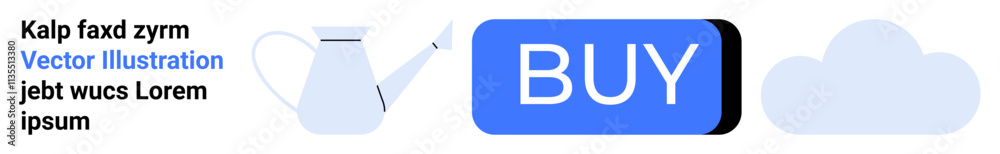 Blue BUY button, watering can, cloud, and placeholder text in a minimalist design. Ideal for e-commerce, gardening, online shopping, weather, UIUX, web layout, branding. Landing page Blue BUY button, watering can, cloud, and placeholder text in a minimalist design. Ideal for e-commerce, gardening, online shopping, weather, UIUX, web layout, branding. Landing page
