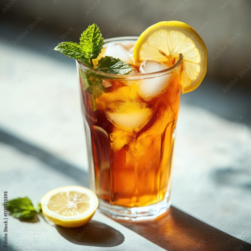 A refreshing glass of iced tea garnished with lemon and mint, perfect for warm days. A refreshing glass of iced tea garnished with lemon and mint, perfect for warm days.