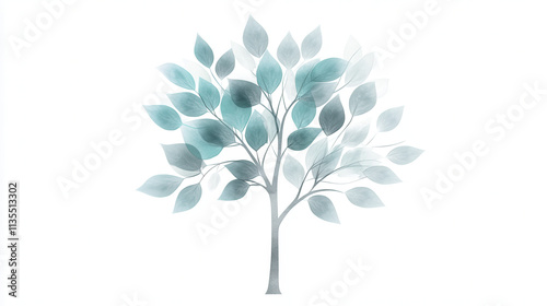 A minimalist and elegant depiction of a tree with silver and teal leaves, featuring a light grayish trunk, with a subtle and smooth blend of natural and artistic design. Each leaf is crafted with soft