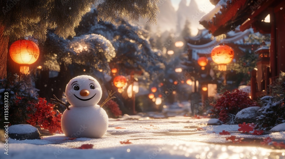 Obraz premium Snowman in Winter Wonderland with Lanterns and Scenic Pathway