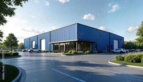 Modern industrial building exterior. Blue building with parking lot. Cars parked in lot. Trees, landscaping surround building. Sunny day. Industrial aesthetic. Commercial property. New construction