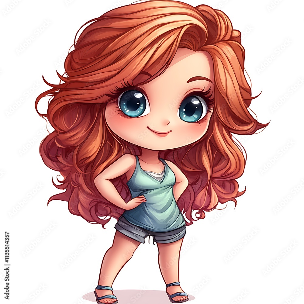 Cute girl with curly hair. Kawaii illustration of a cheerful young woman. Cute girl with curly hair. Kawaii illustration of a cheerful young woman.