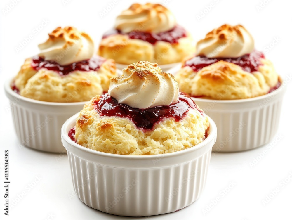 Delicious baked goods topped with fruit jam and whipped cream in white ramekins. Delicious baked goods topped with fruit jam and whipped cream in white ramekins.