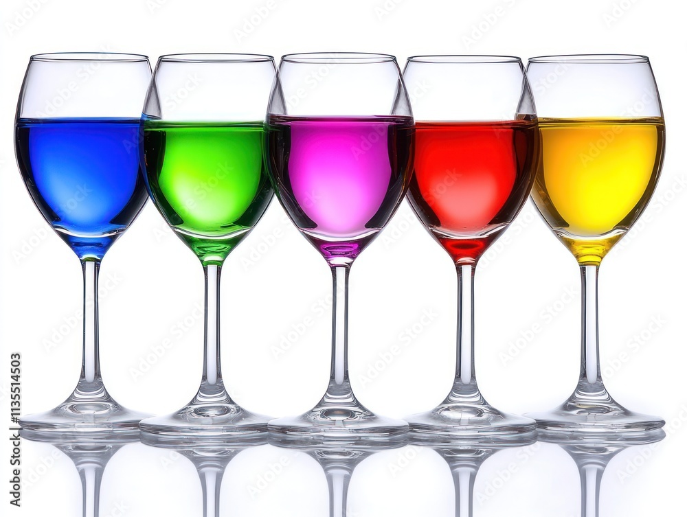 Five colorful glasses filled with vibrant liquids arranged in a row. Five colorful glasses filled with vibrant liquids arranged in a row.