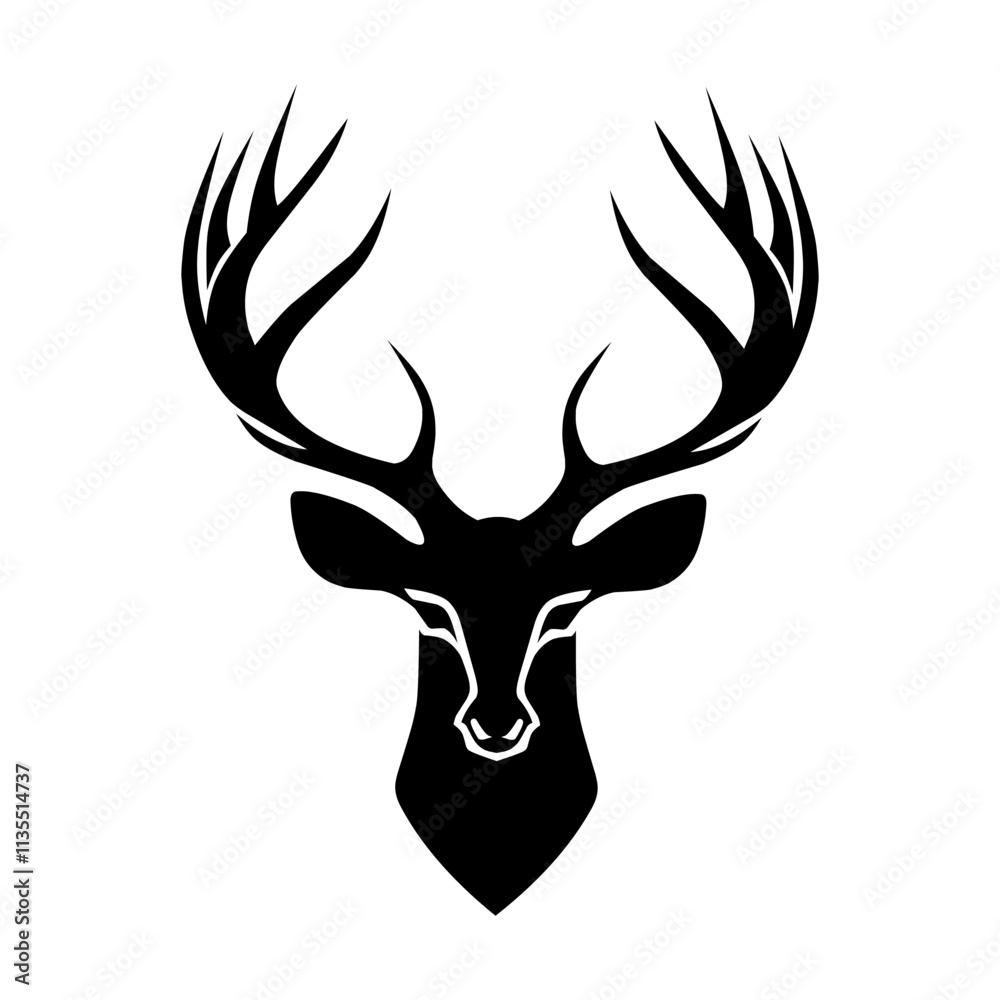 A stylized black deer head with large antlers icon logo vector, facing forward. A stylized black deer head with large antlers icon logo vector, facing forward.