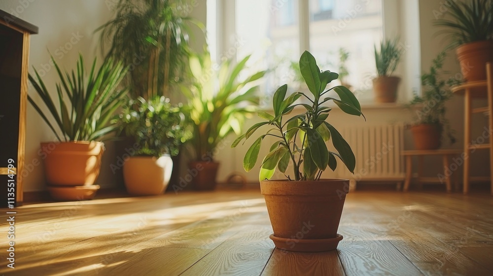 Fototapeta premium Tranquil Minimalist Living Room with Wood Furniture and Potted Plants Embracing Eco-Friendly Design Aesthetic