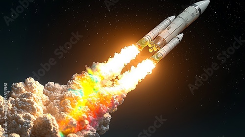 A powerful rocket launches into space, leaving a vibrant trail of colorful smoke and fire.