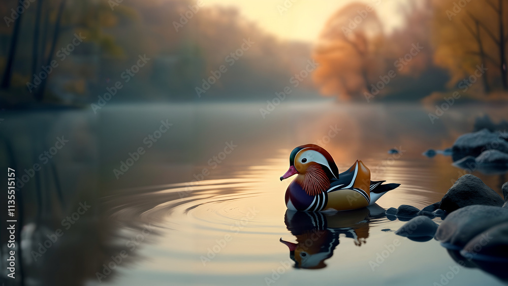 Mandarin Duck at Dusk by a Tranquil Pond Mandarin Duck at Dusk by a Tranquil Pond