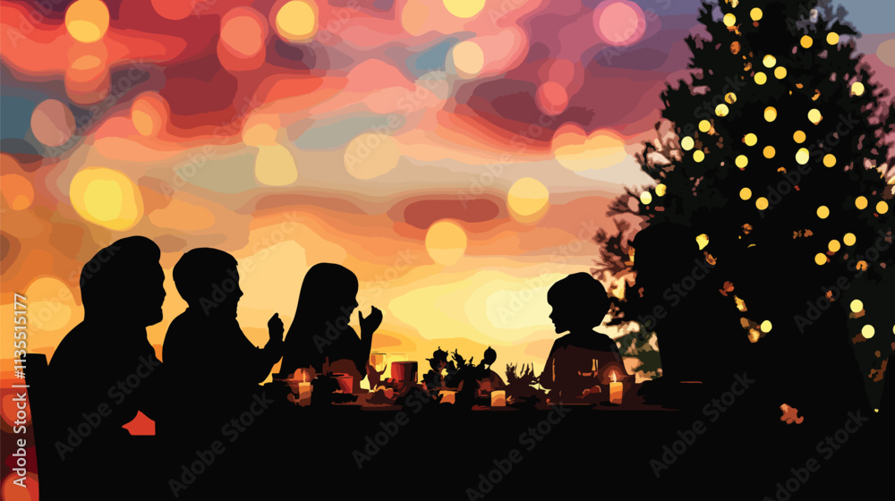 Fototapeta premium Multi-Generational Family Silhouette at Christmas Dinner, Multi-Generational Christmas DinnerChristmas day, New Year's Eve, Happy New Year