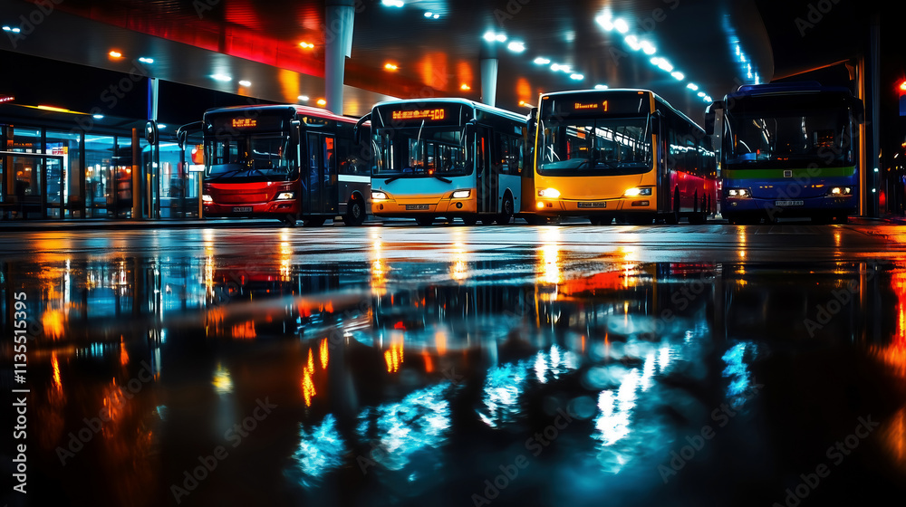 Fototapeta premium City Buses Lined Up at Night Under Vibrant Streetlights Reflecting on Wet Ground