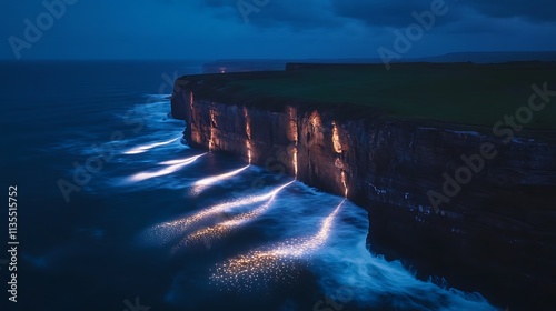 Dramatic night scene of coastal cliffs with glowing ocean waves crashing below.