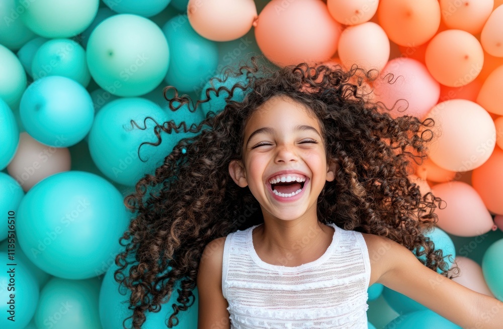 Child laughing with balloons background, cheerful. Child laughing with balloons background, cheerful.