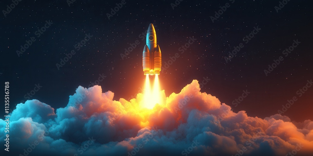 Fototapeta premium Holographic rocket ship soaring through luminous clouds, vibrant colors, dynamic energy, futuristic design, imaginative exploration