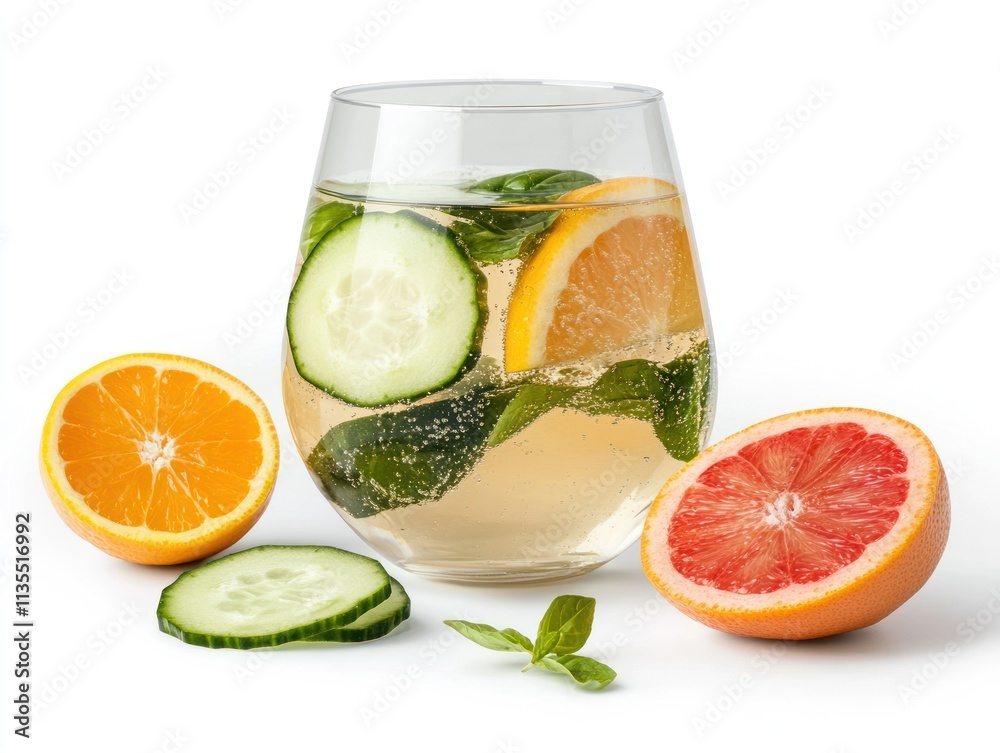 A refreshing drink with cucumber, citrus slices, and basil in a glass. A refreshing drink with cucumber, citrus slices, and basil in a glass.