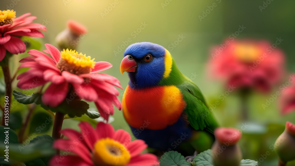 Eastern Rosella in a Colorful Garden Eastern Rosella in a Colorful Garden