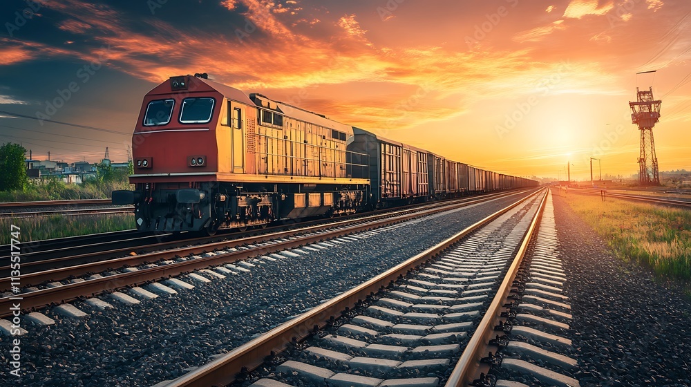 Obraz premium Freight train at sunset. Concept of transportation, logistics, and cargo.