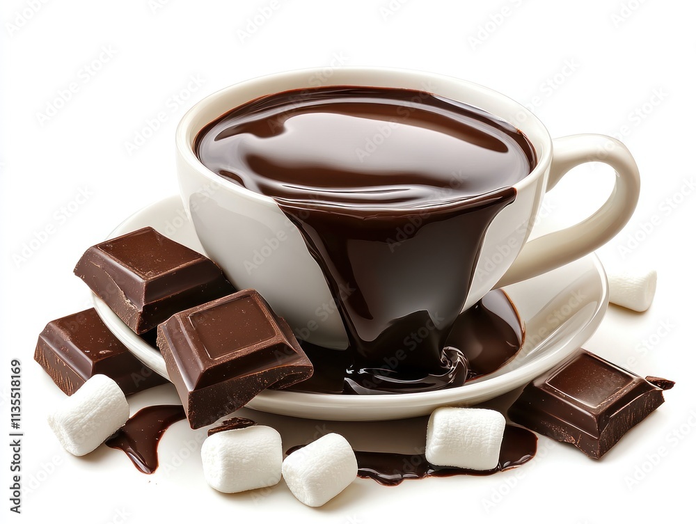 A cup of rich chocolate overflowing, surrounded by chocolate bars and marshmallows.
