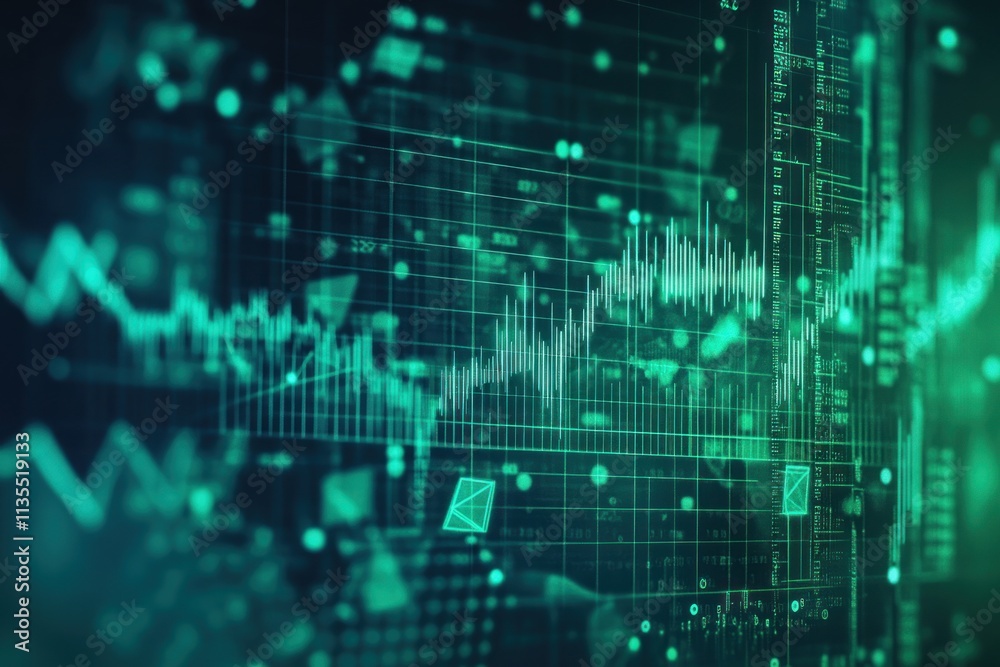 Abstract financial data visualization with glowing green charts and graphs on dark background. Abstract financial data visualization with glowing green charts and graphs on dark background.