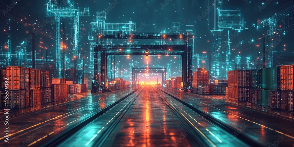 Obraz premium Holographic design of an autonomous AI-operated freight terminal showcasing advanced logistics and smart technology integration