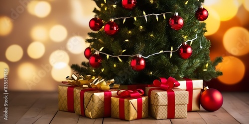 Christmas tree and holidays present on fireplace background