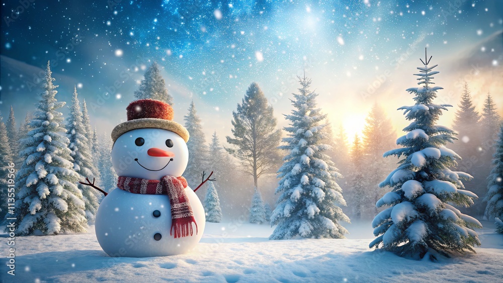 Fototapeta premium Enchanting Winter Wonderland Featuring a Cheerful Snowman Surrounded by Snow-Covered Trees Under a Sparkling Blue Sky