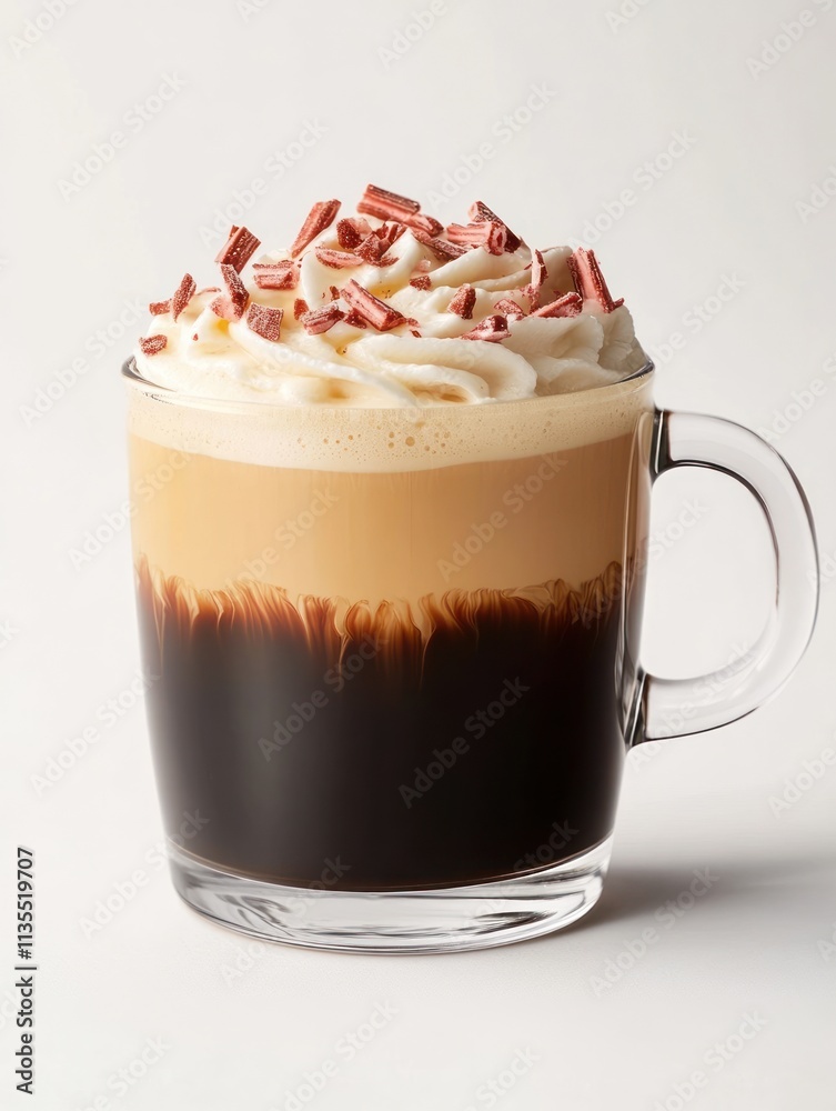 A layered coffee drink topped with whipped cream and festive sprinkles. A layered coffee drink topped with whipped cream and festive sprinkles.
