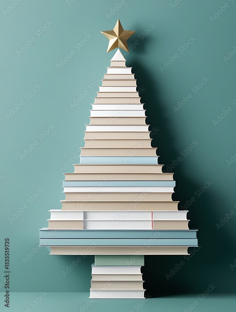 Christmas tree made of books on a green background, Christmas concept representing the holiday season and reading day Christmas tree made of books on a green background, Christmas concept representing the holiday season and reading day