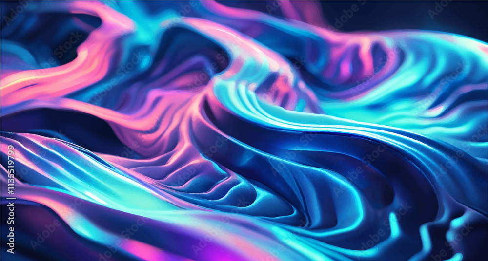Abstract blue and purple liquid wavy shapes futuristic banner. Glowing retro waves vector background
