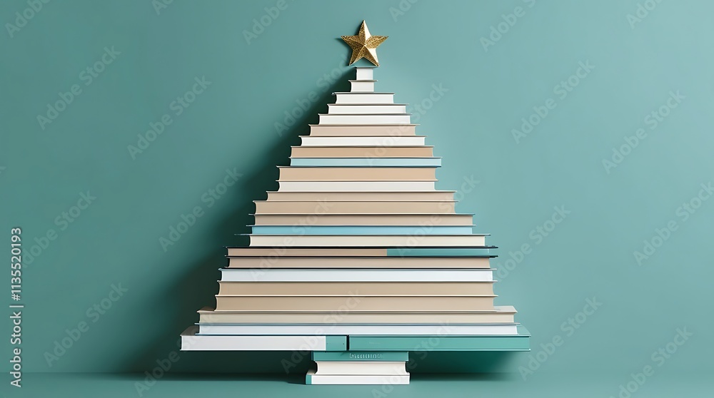 Christmas tree made of books on a green background, Christmas concept representing the holiday season and reading day Christmas tree made of books on a green background, Christmas concept representing the holiday season and reading day