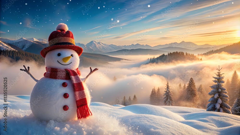 Obraz premium Cheerful Snowman in Winter Wonderland Surrounded by Snowy Mountains and Forests Under a Colorful Sunset Sky