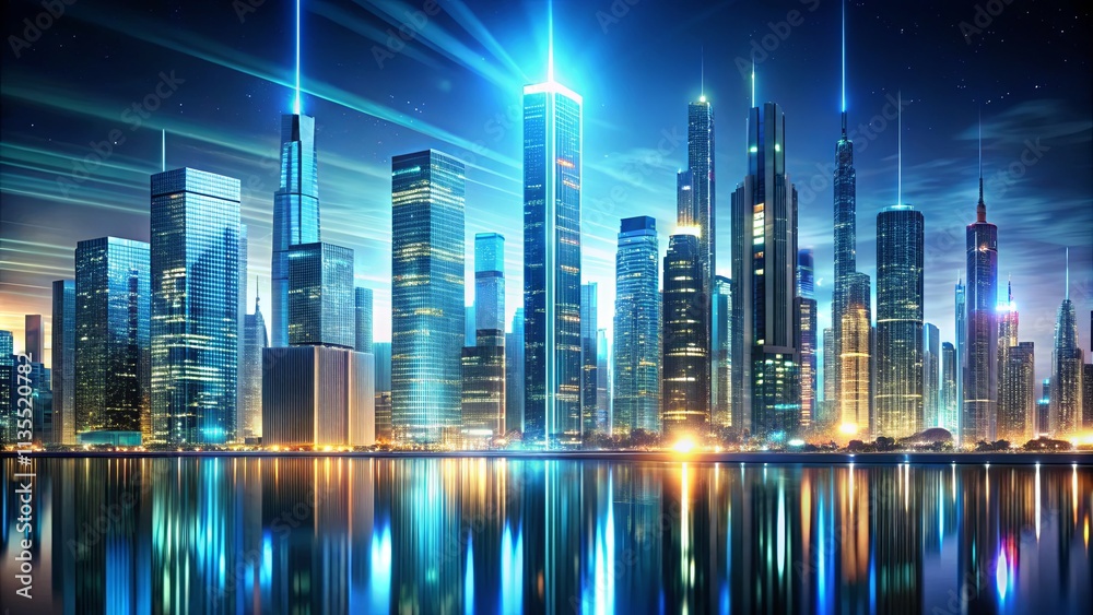 Futuristic City Skyline at Night with Bright Lights and Reflections on Water Surface Creating a Vibrant and Dynamic Urban Landscape Futuristic City Skyline at Night with Bright Lights and Reflections on Water Surface Creating a Vibrant and Dynamic Urban Landscape