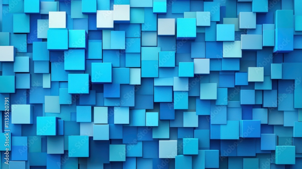 Abstract Blue Cube Mosaic: A 3D Render of Varied Sized Cubes in Shades of Blue, Creating a Textured and Dynamic Visual Composition. Abstract Blue Cube Mosaic: A 3D Render of Varied Sized Cubes in Shades of Blue, Creating a Textured and Dynamic Visual Composition.