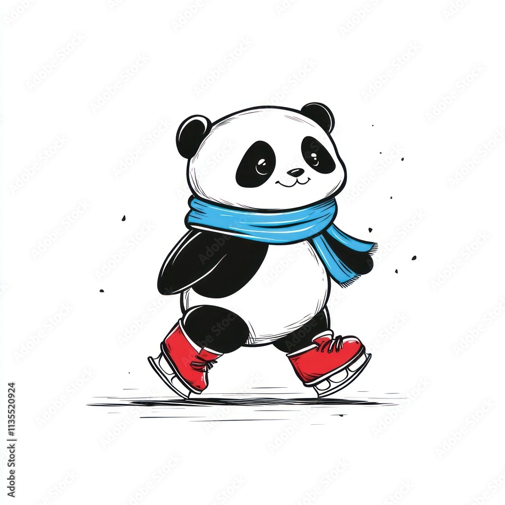 Cute panda walking with red skates and a blue scarf on white background. Cute panda walking with red skates and a blue scarf on white background.