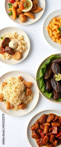  meal of meat, pasta, beans, and vegetables on plates.