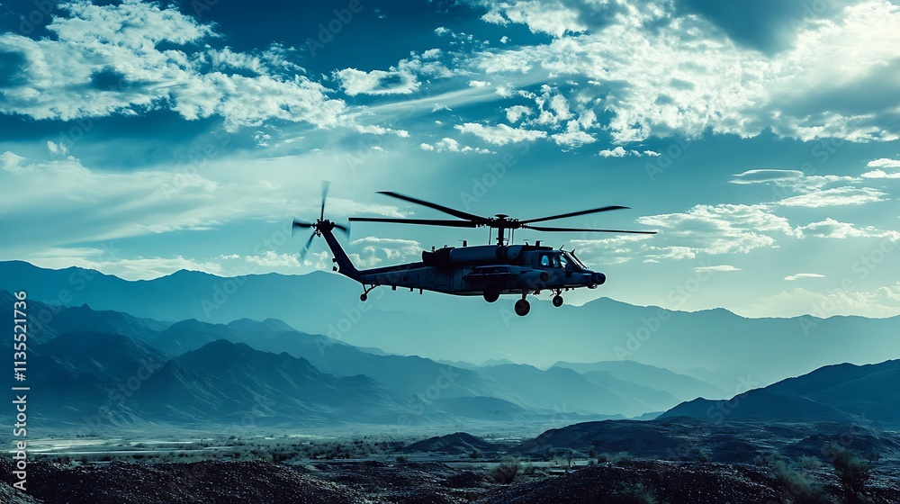 Fototapeta premium Military Helicopter Flying Over Mountain Range. Concept of Aerial Surveillance, Rescue, and Defense.