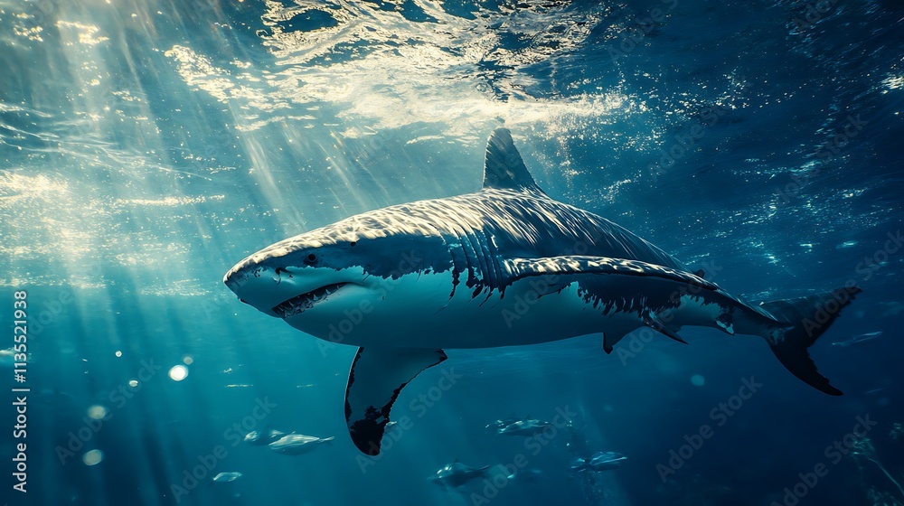 Fototapeta premium Great White Shark in Sunlight Underwater. Ocean Predator, Marine Wildlife, Powerful.