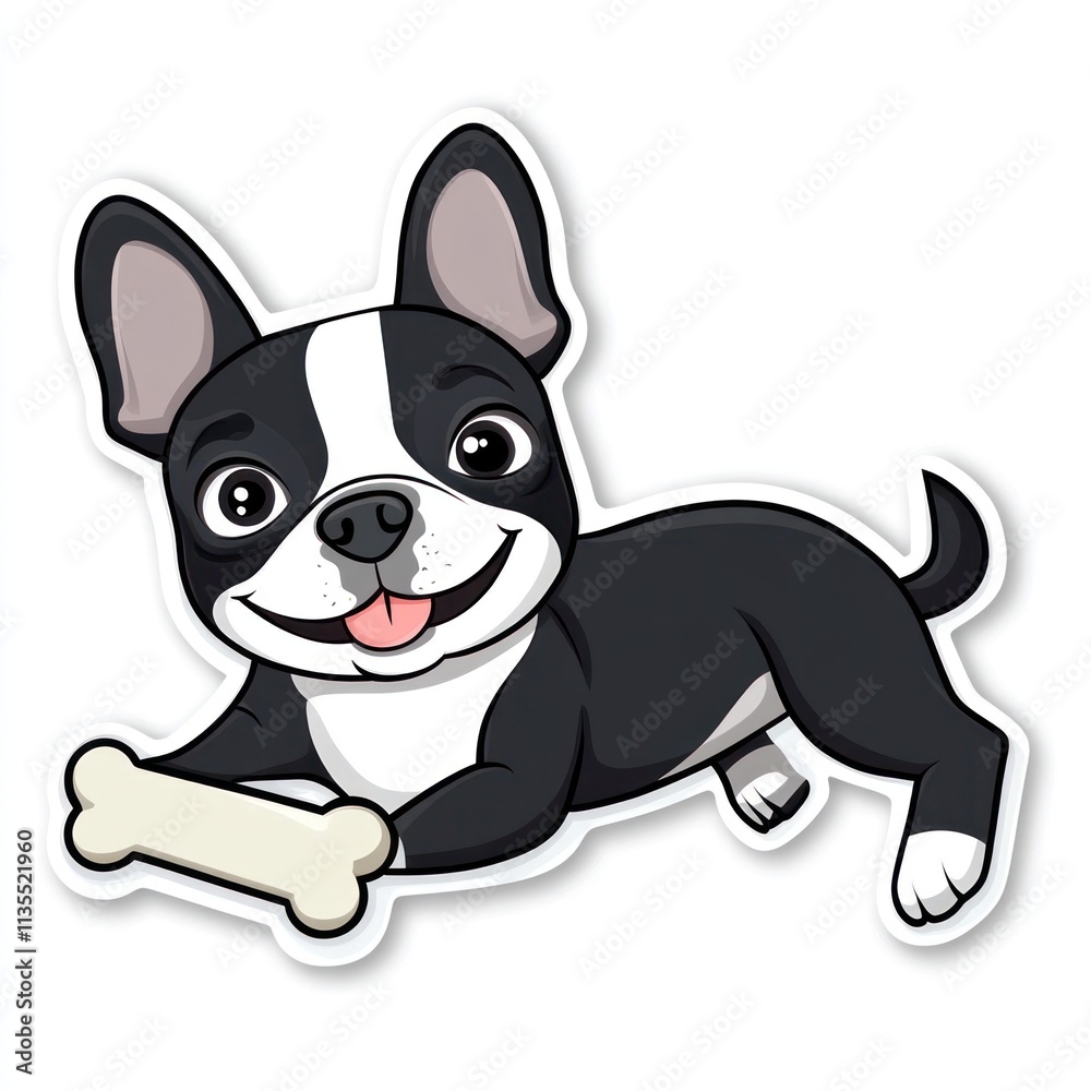 Cartoon Boston terrier holds bone with a cute smile. Cartoon Boston terrier holds bone with a cute smile.