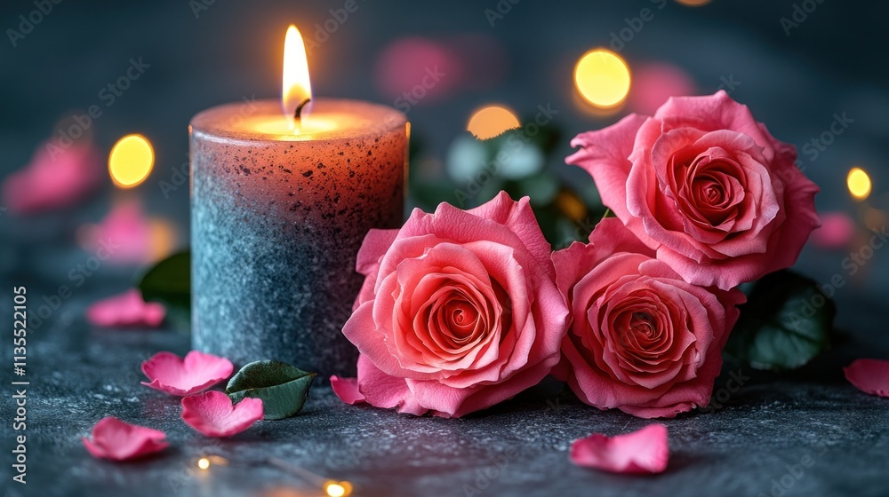 Fototapeta premium Romantic candlelit scene with pink roses and candlelight.
